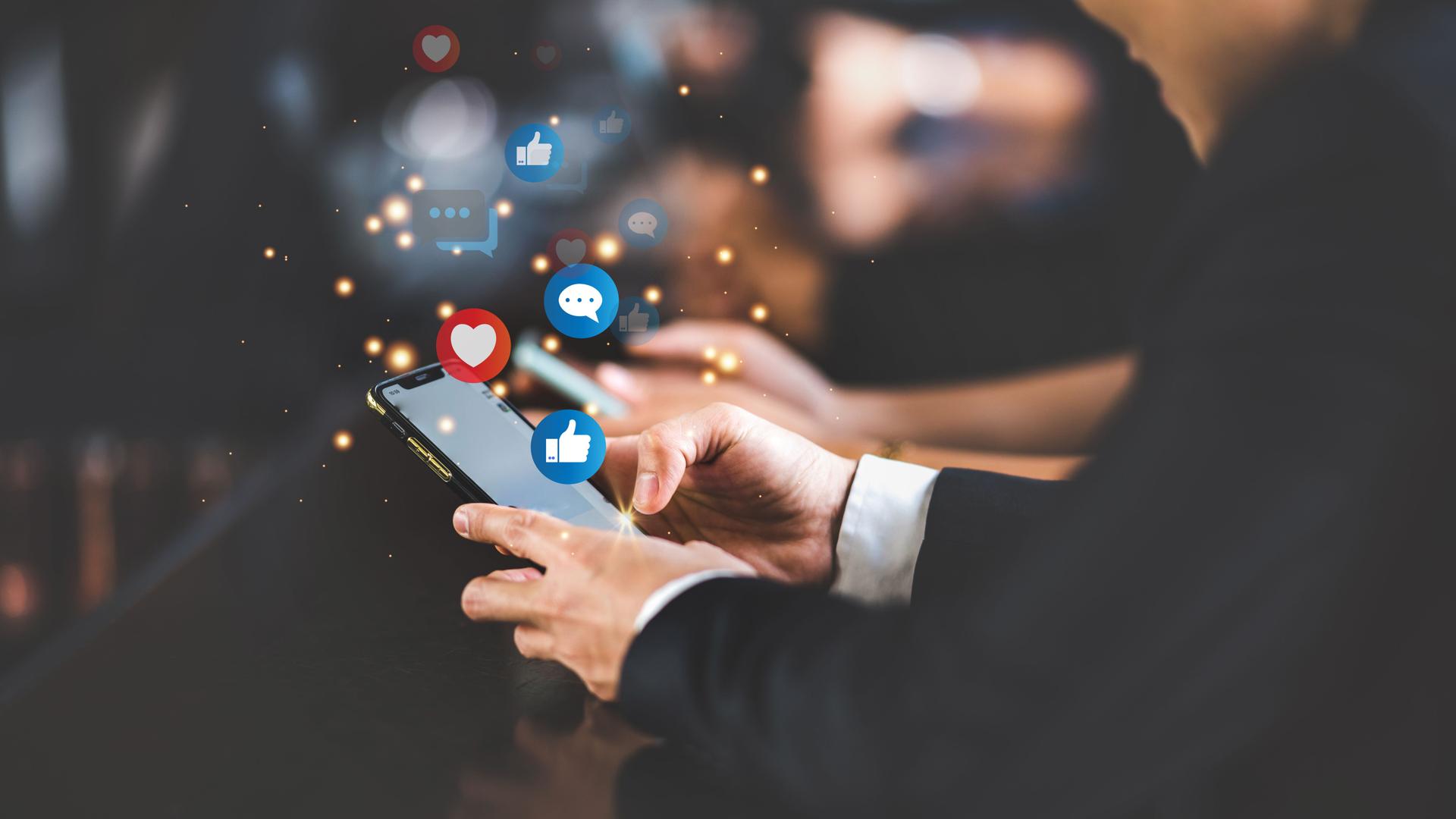 business network communication concept, person hand using smartphone on online cyberspace technology for digital social media connection, showing mobile web marketing with chat icon on phone device