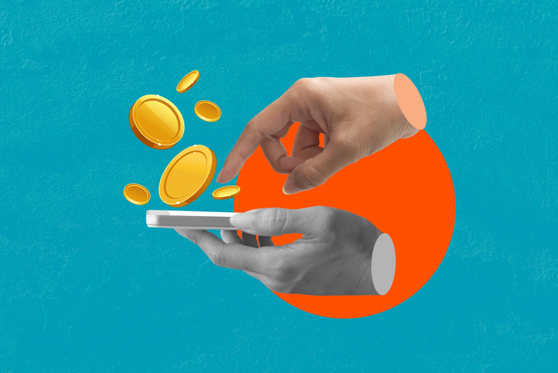 Holding smartphone into a shopping and coin with empty screen in hands on blue background. Art collage digital pop modern art