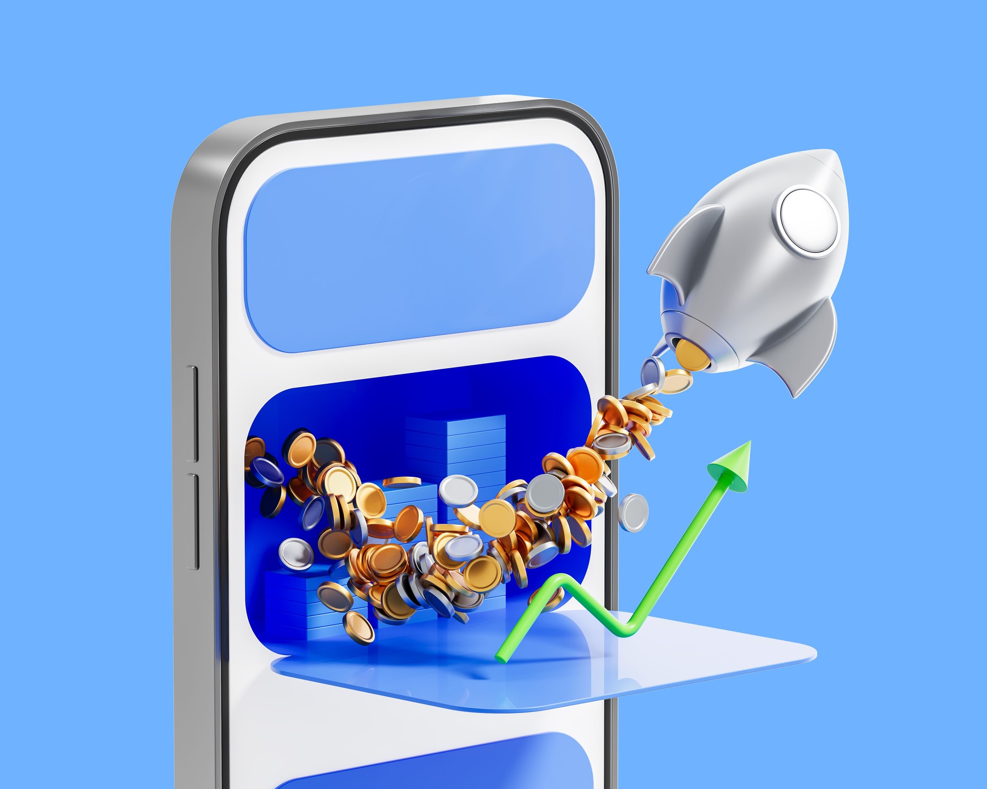 Rocket launching from smartphone with coins and upward arrow symbolizing financial growth, investment success, and digital currency boost. 3D Rendering