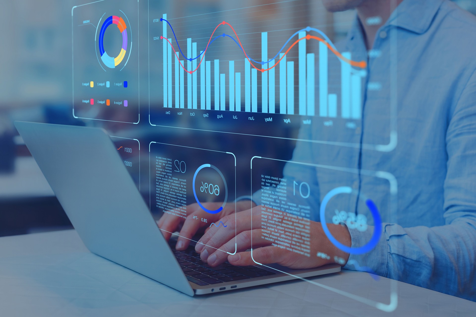 Analyst working on business analytics dashboard with KPI, charts and metrics to analyze data and create insight reports for executives and strategical decisions. Operations and performance management.